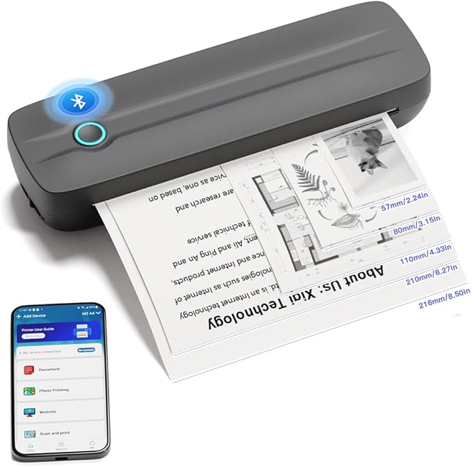 Portable Thermal Printer, Wireless Bluetooth Printer Support US Letter/A4/A5/4in/3in/2in Thermal Paper, Inkless Printer Compatible with iOS, Android & Laptop for Travel, Office, School, Vehicle