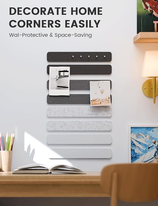 Fluxynara Cork Board Alternative Felt Strip Board 8-Pack 13"x2", Office Pin Board with 50 Push Pins, Adhesive Install for Bedroom Door & Home Office(Concrete Echo)