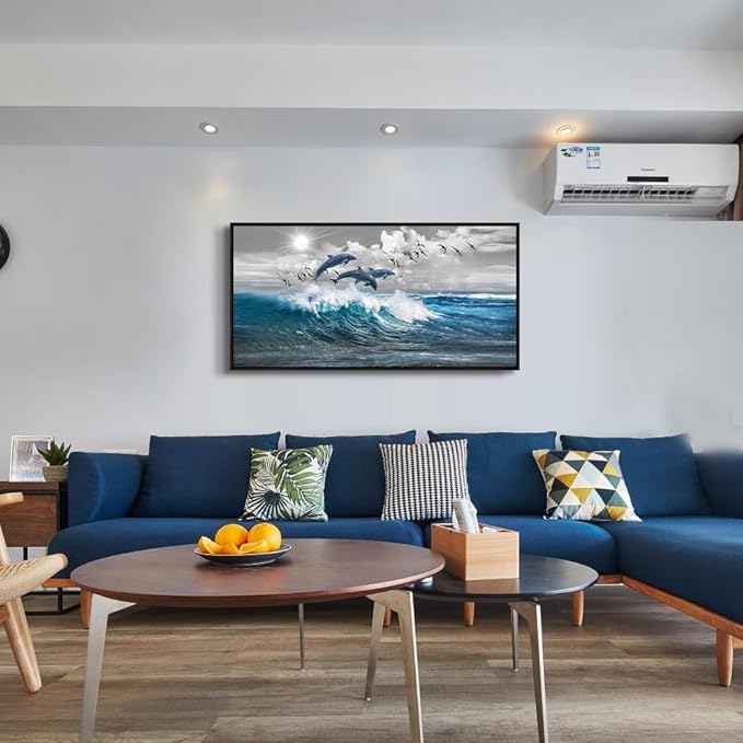 Black Framed Wall Decor For Living Room Large Size Canvas Wall Art For Bedroom Blue Waves Of The Sea Pictures Artwork Office Decorations Canvas Art Print Dolphins Wall Paintings Ready To Hang