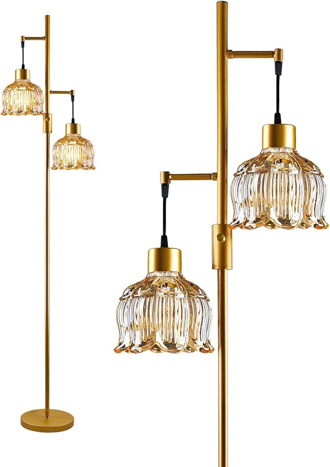 Lightdot 2- Light Gold Flower Floor Lamp, 65IN Brown Glass Floor Lamps with 3000K Warm White Bulbs, Modern Standing Tall Lamp for Living Room Bedroom Home Office Corner Sofa Beside