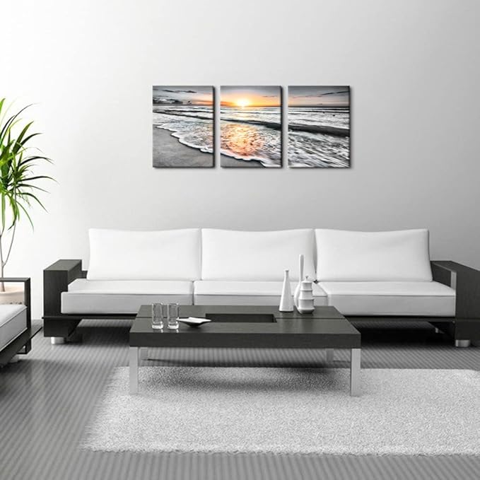 Bamdeya Bathroom Wall Decorations 3 Piece Black and White Picture Framed Wall Art Bedroom Beach Canvas Prints Photos Ocean Painting Sunset Poster Sea Artwork for Office Dining Room Decor 12x16x3pcs