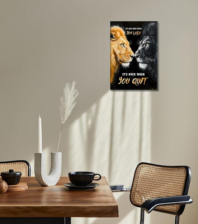 Black and Gold Lion Motivational Wall Art - Modern Animal Canvas Print Inspirational Quote Poster Inspiring Office Artwork Framed Wall Decor for Home, Bedroom, Living Room (12"x16")
