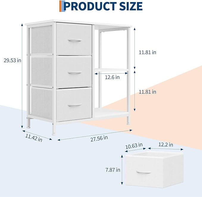 Garvee 3 Drawer File Cabinet, Printer Stand with 2 Open Storage Shelves, Fabric Filing Cabinet Under Desk Office Organizer for Home Office, Modern Storage Solution, White