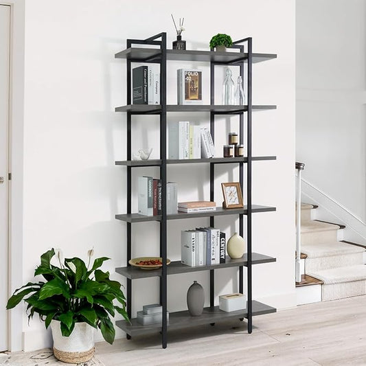 CAPHAUS 6-Tier Book Shelf, 86" H Vintage Industrial Bookcase with Open Display Shelving, Wooden and Metal Shelving Unit, Bookshelves and Bookcases, Stand Shelf for Bedroom, Dark Grey