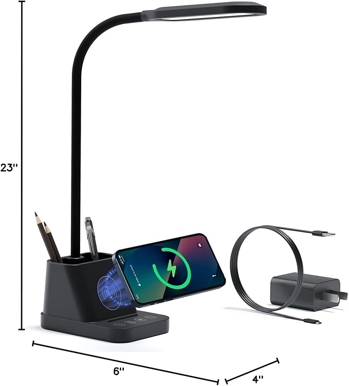 AXX LED Desk Lamp for College Dorm Room with Wireless Charger, Reading Light for Home Office Bedroom, Small, Bright, Touch Control, Pen Holder, Phone Mount, Timer, Black