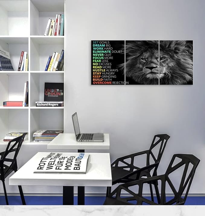 Inspirational Office Decor Wall Art Motivational Canvas Wall Art Lion Posters Entrepreneur Quote Wall Paintings Picture 3 Pieces Artwork for Home Bedroom Decor Framed Ready to hang[36''Wx 16''H]