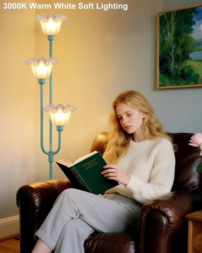 66'' Flower Floor Lamp for Living Room, Vintage Floral Floor Lamp with LED Bulbs, 3 Light 3000K Soft Warmwhite Mid Century Standing Tall Lamps for Bedroom/Sofa Beside/Corner Decor-Grey Green