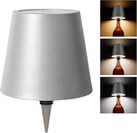 Wireless Bottle Lamp, Wireless Bottle Lamp Shade with 3 Color Temperature, Rechargeable Stepless Dimming LED Wine Bottle Lights for Any Bottle, Desk Lamp for Bedroom Restaurant Bar - Silver