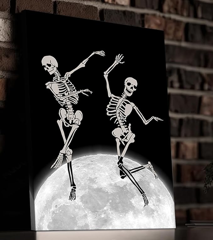 Skeleton Wall Art - Funny Two Skeletons Dancing on Moon Prints Poster Modern Black White Canvas Painting Dark Humor Gothic Wall Decor for Bedroom Living Room Bathroom Home Office, Framed 18"x24"