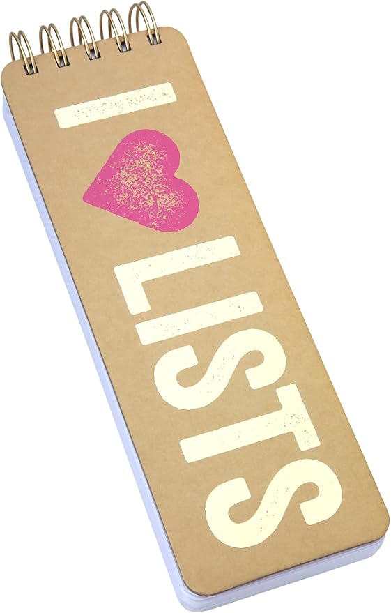 Eccolo Tall Spiral Memo Pad, 300 Pages, 150 Sheets, Double Spiral Binding, Office Essentials for Work, List Notepad for Students, Class, and Shopping, I Heart Lists (Gold, 3x8.5 inches)
