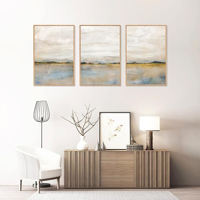HLNIUC Large Abstract 3 Piece Wall Art 24x36, Neutral Distant Mountain Wall Decor, Watercolor Beige Dusty Nature Landscape Painting, Modern Pastel Scenery Art Prints for Living Room, Bedroom, Office