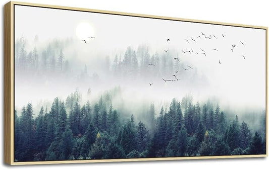 Framed Canvas Wall Art For Living Room Large Size Wall Decor For Bedroom Foggy Forest Trees Landscape Painting Wall Decorations Modern Home Decor Canvas Pictures Artwork Natural Framed 20" X 40"
