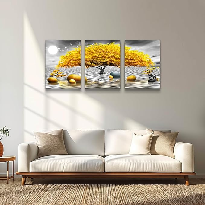 Wall decorations for living room Canvas Wall Art for bedroom Abstract wall decor Black and white Canvas Art Yellow tree paintings bathroom Home Decoration 3 Piece Hang Pictures Office Wall Artworks