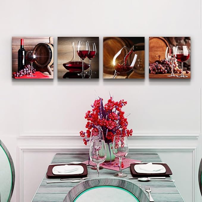 Lapremoly Canvas Wall Art For Kitchen Dining Room Wall Decor Print Artwork Wine Glass Wall Painting Modern Still Life Frame Wall Pictures Bar Restaurant Vintage Home Decor Ready to Hang 4 Piece Set