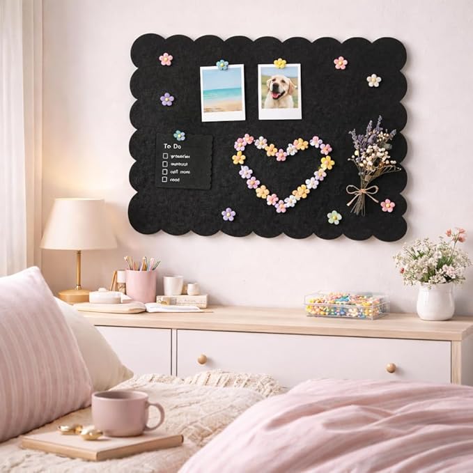 Scalloped Felt Bulletin Board 24x18 in, Thick PET Felt Pin Board, Heat-Pressed Flat, Self-Adhesive Mount, Push Pin Friendly Photo/Card Display for Home, Office, Crafts, Planning, Jewelry (Black)