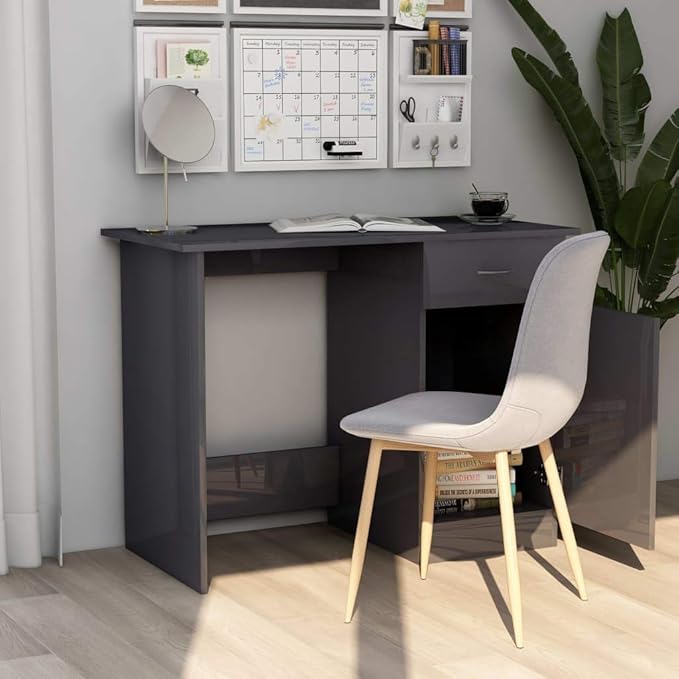 Modern Writing Computer Desk with a Drawer and a Door, Home Office Desk Writing Study Table PC Desk Workstation for Bedroom, High Gloss Gray 39.4"x19.7"x29.9" Engineered Wood(E)