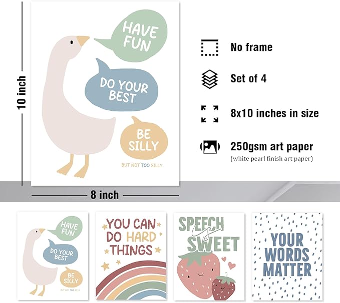 DSHFG Kids Motivational Mental Health Wall Art Posters, Office Therapy Decor, Classroom Kids Nursery Toddler Room Decorations, Silly Goose Wall Decor Prints Set of 4, 8x10 Unframed