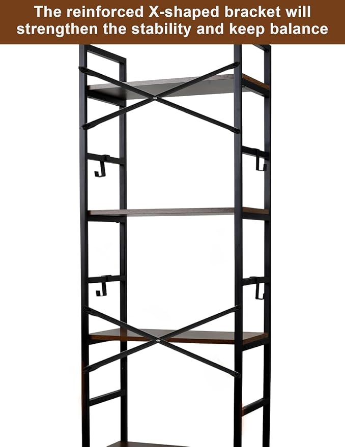 Luckyeestar 5Tier Storageshelves Bookshelf -, Metal Bookcase Shelving Unit- Modern Tall Narrow Bookshelf with 4 S-Hooks, Floor Standing Organizer for Home Office, Bedroom, Living Room Corner