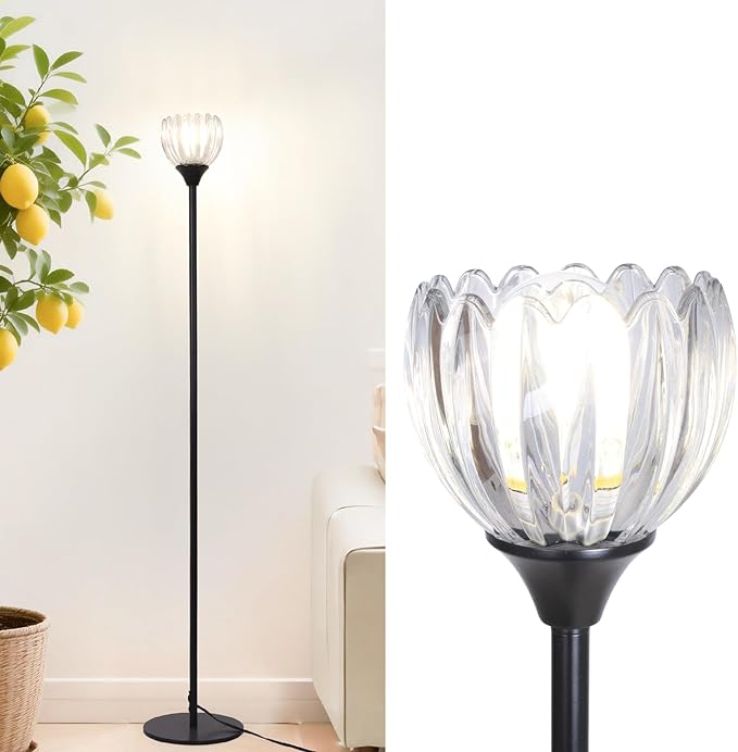 Floor Lamps for Living Room, Bedroom, Black Standing Lamp with 12W Bulb, Vintage Floor Lamp for Reading, Nursery, Corner (Clear Tulip)