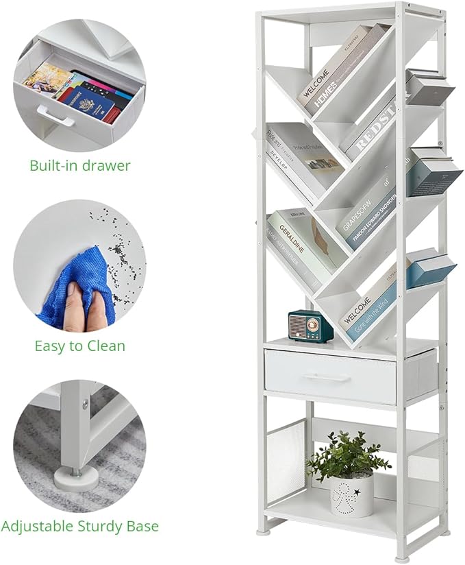 Bookshelf with Drawer,10 Tier Tree Bookcase Retro Floor Standing Bookshelves,Tall Wood Bookcases with Cabinet Storage Organizer for Living Room, Bedroom & Home Office, White
