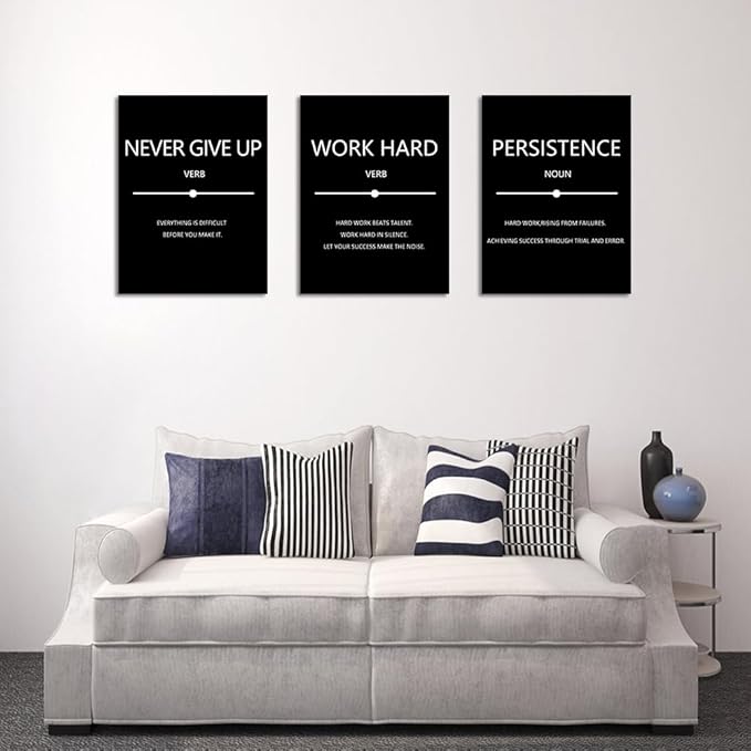 Unbruvo Inspirational Canvas Wall Art, Motivational Office Wall Decor, 3 Pieces Black Never Give Up Positive Quotes Wall Art for Workplace Living Room Bedroom(60''Wx 28''H)