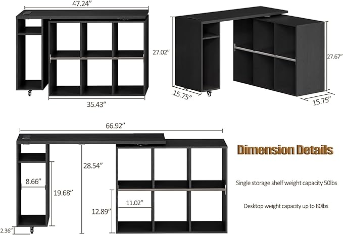 Black L-Shaped Computer Desk with Storage Shelves, Small Study Writing Desk with Charging Station, 67” Bedroom Side Table & 360° Rotating Desk for Living Room