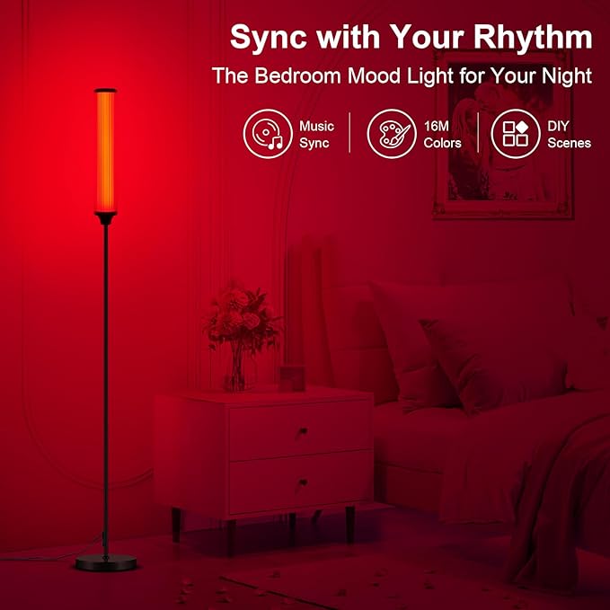 FRIDEKO HOME Floor Lamp, Smart RGBCW LED Color Changing Ambient Lighting for Living Room & Gaming Decor, Standing Lamp with App & Remote Control, Tall Corner Lamp for Bedroom, 12W 1500LM, Black