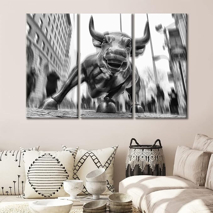 TUMOVO Black and White Wall Art 3 Panels Charging Bull Picture Print on Canvas Art for Home Bedroom Living Room Office Decor Modern Artwork With Wood Framed Ready to Hang - 42" Wx28 H