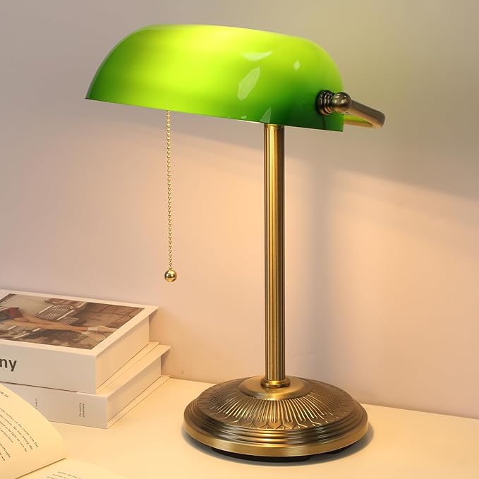 NISSAFORS Bankers Desk Lamp, Green Glass Shade, Vintage Desk Lamp with Pull Chain Switch, Retro Table Lamps for Home Office (Brass+Green, Small)