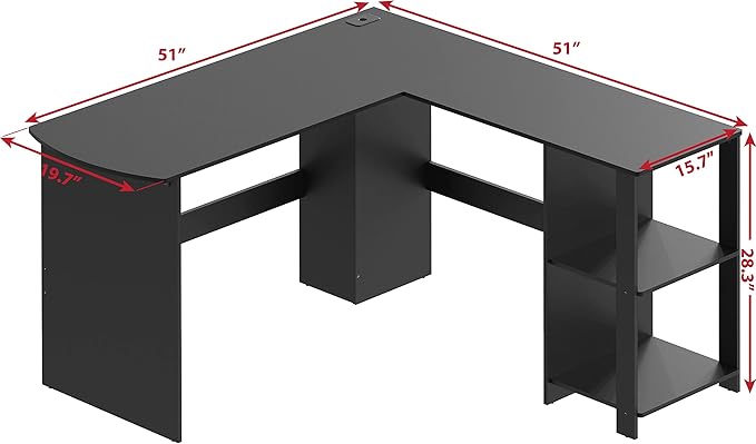 SHW 51 x 51 Inches L-Shaped Home Office Wood Corner Desk wtih Storage, Black