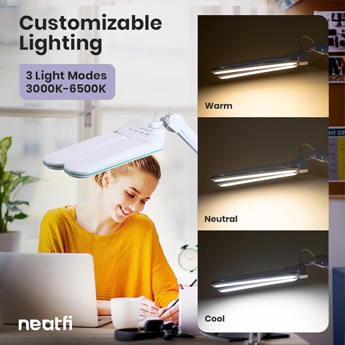 Neatfi Elite HD XL LED Desk Lamp | 3 Light Modes | Non-Polar Dimming | Eye-Caring Desk Light for Home Office, Drafting, Beauty Shop, Workbench (Blue Ring, CCT with Clamp)