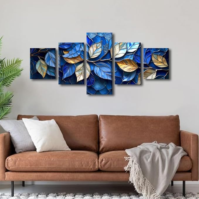 Modern Canvas Wall Art 5 Panel Abstract Canvas Wall Art Blue and Golden Leaves Pattern Art Wall Prints for Native Americans Bedroom Home Canvas Art Decor Stretched and Framed Ready to Hang 50x24 in