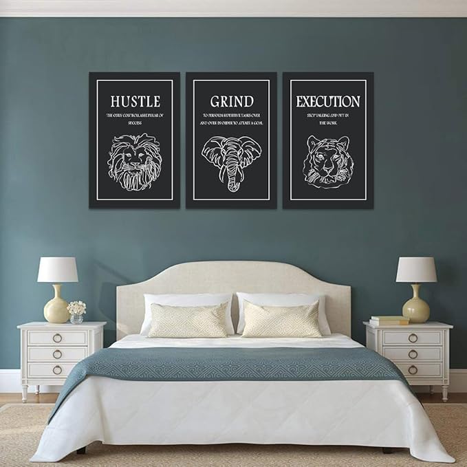 Set of 3 Motivational Wall Art - Black and White Hustle Grind Execution Canvas Prints with Lion/Elephant/Tiger Line Art, Inspirational Quote Wall Decor for Office Gym Home, Framed 24"x36"x3