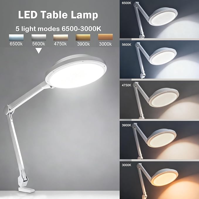 30W LED Desk Lamp with Clamp, 95+CRI, 5 CCT Modes & Dimmable, High CRI>95, Flexible Adjustable Task Light for Office, Makeup, Workbench, Crafts(White)