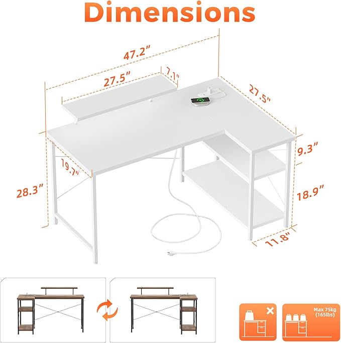 Mericonia Small L Shaped Computer Desk with Power Outlets, Reversible Gaming Desk with Storage Shelves & Monitor Stand, Corner Gamer Desk Table, Study Writing Table