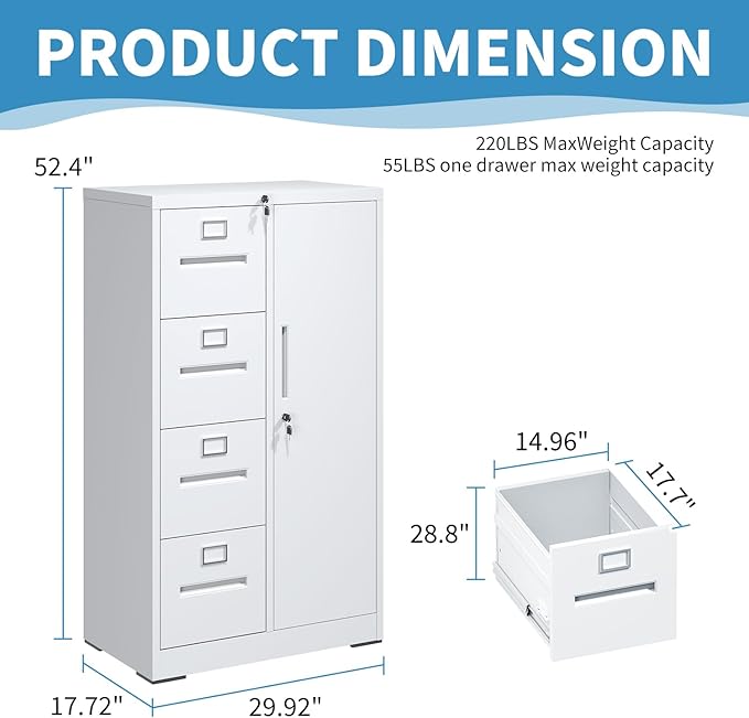 4 Drawer File Cabinet with Shelves and Hanging Rod, Metal Filing Cabinet with Lock for Home Office, File Storage Drawers for Legal/Letter Size Folders, Assembly Required (White)