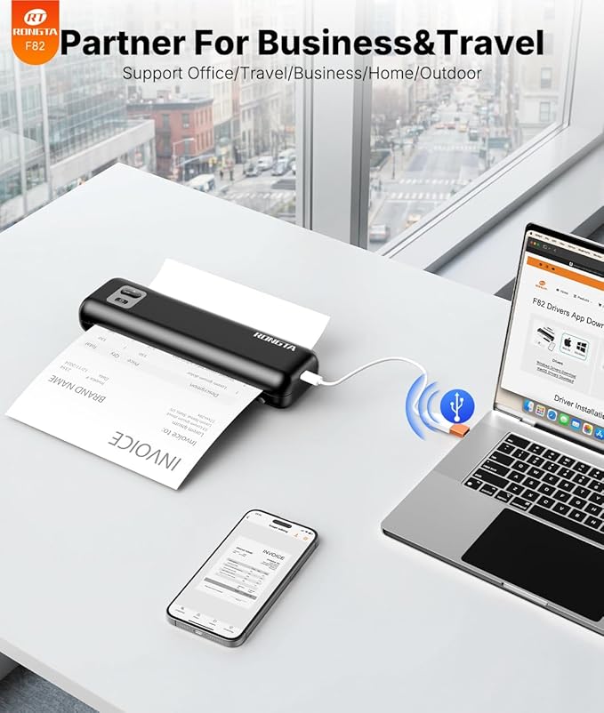 Rongta Portable Printer Wireless for Travel, F82 Inkless Bluetooth Thermal Printers, Compatible with iOS, Android, Laptop, Support 8.5"x11" US Letter&A4 for Office, Home, Car (Black)