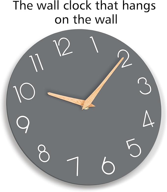 Wall Clock, 14 Inch Wooden Silent Non-Ticking, Decorative Battery Operated Wall Clocks for Bedroom, Kitchen, Home, Living Room, Office, School, Hotel (Gray)