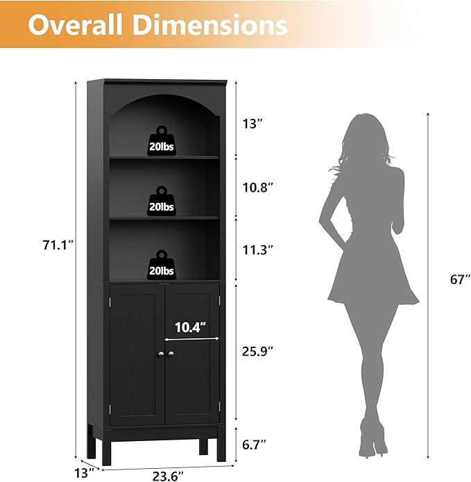 Bookshelf with Doors, 71" Tall Wood Book Shelf with Cabinet, 24" Wide Arched Bookcase with Adjustable Shelf, Floor Standing Display Storage Cabinet for Home Office, Study and Living Room, Modern Black