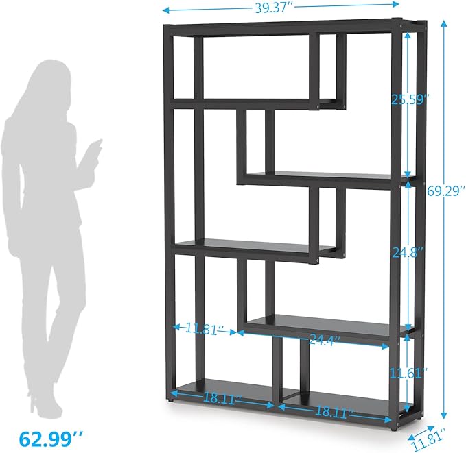 Tribesigns Way to Origin 6-Shelf Modern Bookshelf, Industrial Etagere Bookcase, 69 Inch Tall Storage Display Staggered Shelves with Sturdy Metal Frame, Black