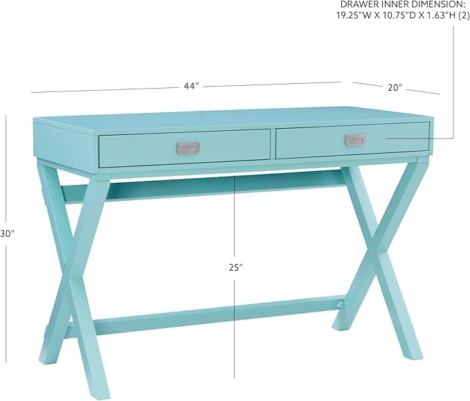 Linon Home Décor Jaycee Blue Writing Desk, 20"D x 44"W x 30"H, Blue