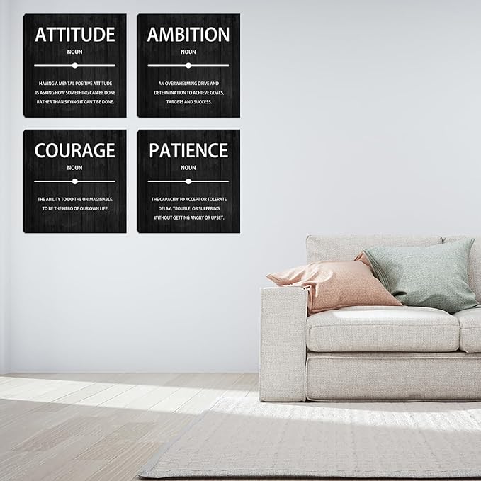 4 Panel Inspirational Canvas Wall Art, Motivational Office Wall Decor, Ambition Attitude Patience Courage Painting Posters Prints for Living Room Bedroom Home Office, 12x12-inch