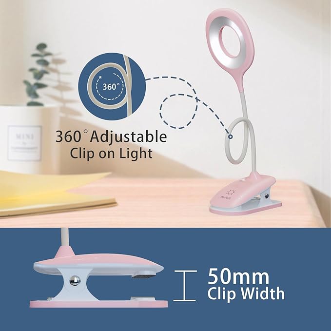 Clip On Reading Light, USB Rechargeable Desk Lamp for Dorm Room Essential, Clip On Light, 3 Color Touch Dimmable, Eye Protect, Pink