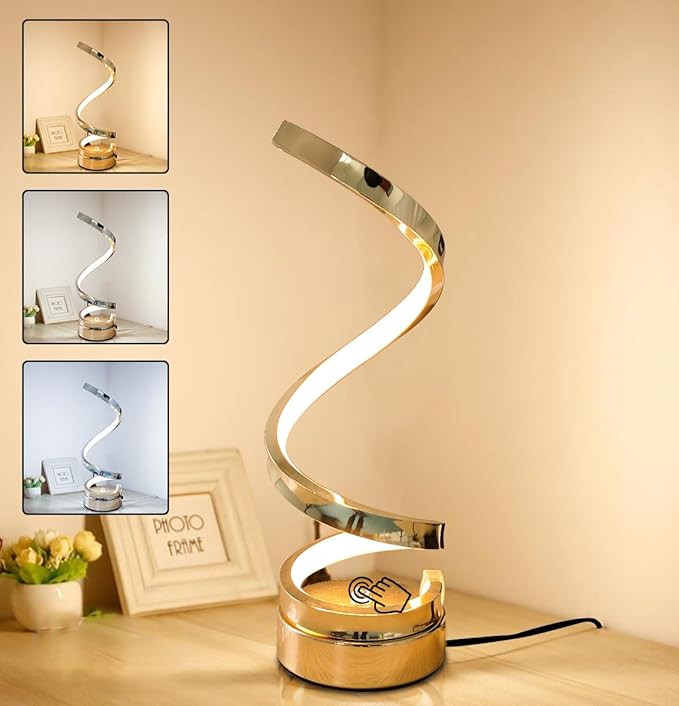 ELINKUME Spiral Lamp,Gold Table Bedside Lamps with Touch,Max 12W,Stepless Dimming Home Desk Lamp,3 Color(3000K/4500K/6000K),Gold Desk Light for Bedroom,Living Room,Study,Office,Kids Room,Meeting Room