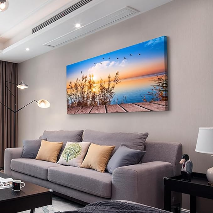 Wapluam Wall Art - Blue Ocean Seaview Canvas Prints for Living Room, Office, Bedroom - 40 x 20in