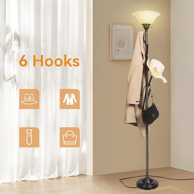 Standing Tall Lamp with Standing Coat Rack Tree, Torchiere Floor Lamps with 6 Hooks, Coat Rack Lamp Special for Bedroom, Entryway, Corner