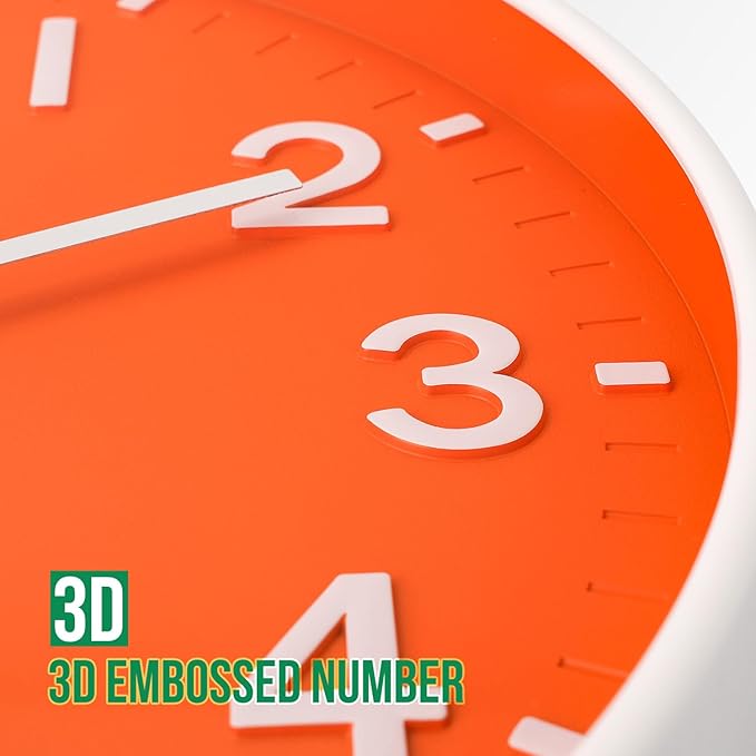 Wall Clock 12 Inch Orange Modern Simple Quartz Decorative Clock Non-Ticking Silent Battery Operated Round Wall Clocks Trendy and Practical Best Gift for Living Room Bedroom Kitchen Office