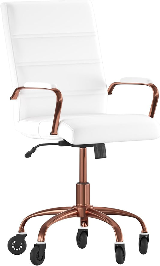 Flash Furniture Camilia Mid-Back White LeatherSoft Executive Swivel Office Chair with Rose Gold Frame, Arms, and Transparent Roller Wheels