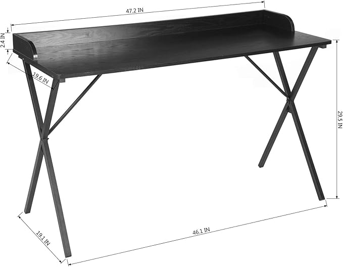 Homy Casa Modern Black Computer Desk with X-Frame Metal Legs, 47.2" x 19.7" Writing Table, Raised Edge, Minimalist Home Office Workstation
