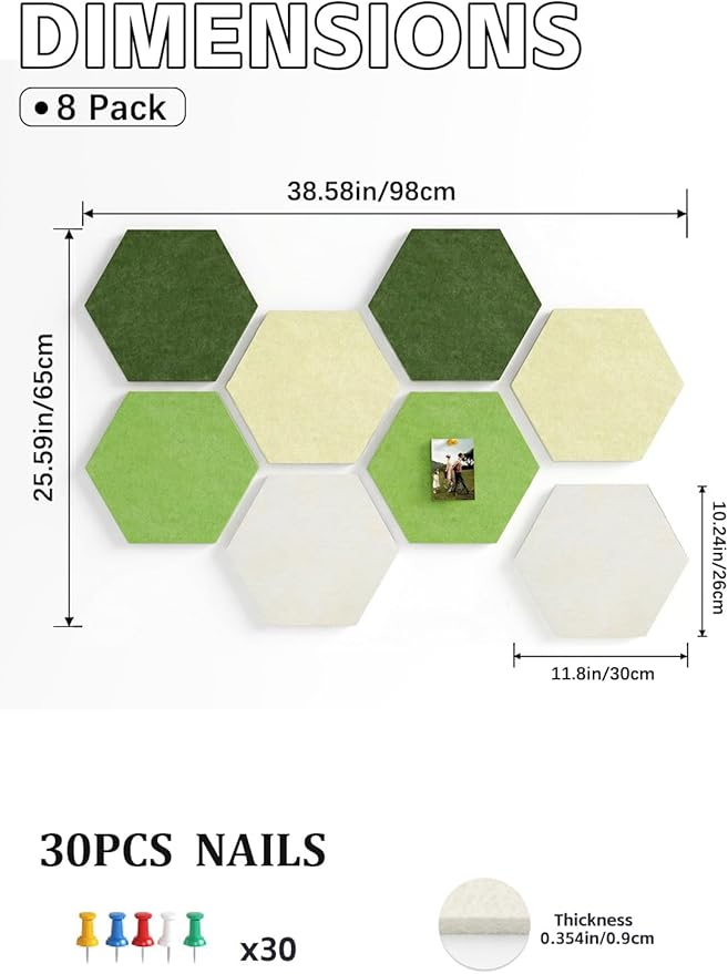 8 Pack Hexagon Felt Bulletin Board Tiles - 11.8" Large Thick Pin Board for Walls with 30 Push Pins, DIY Boards for Office Home School Decor, Aesthetic Hex Cork Board Alternative